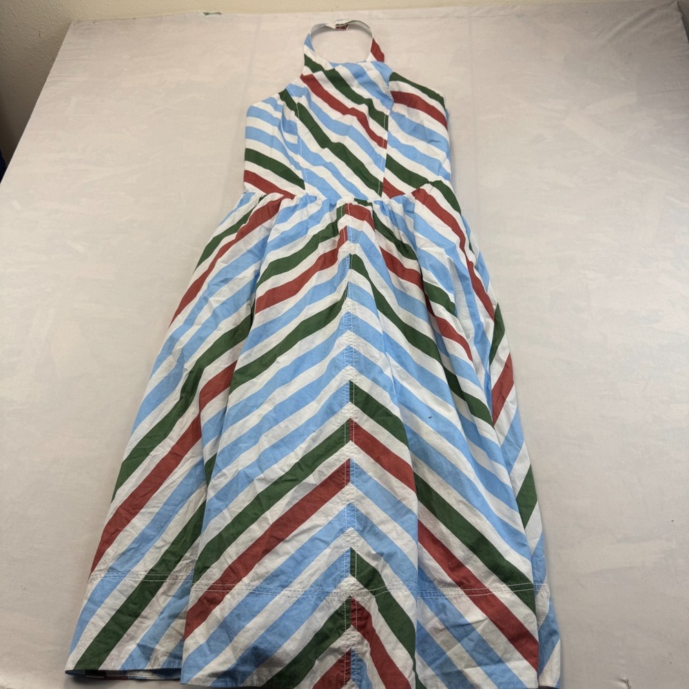 Womens Midi Halter Small Dress Multi Striped Smocked Back Summer Resort Beach